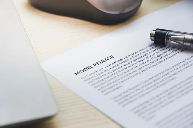 paper, model release, form, document, signing, pen, desk, agreement, business, contract, signature. AI marketing tools software selection: put it in writing before you sign